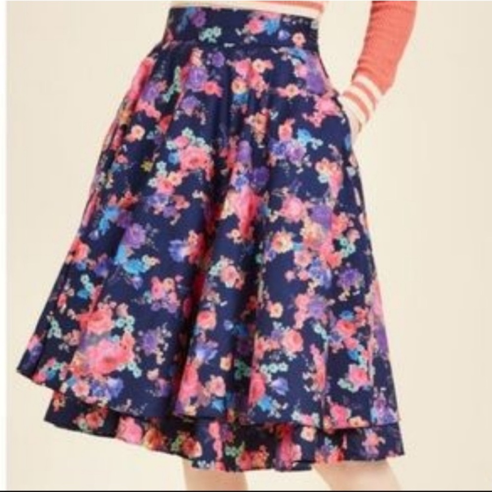 Modcloth Floral Skirt in Navy and Pink